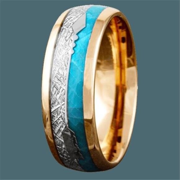 Men's Wedding Band Ring - Rose Gold Faux Blue Opal & Meteorite - Wedding Rings - Picture 8 of 8